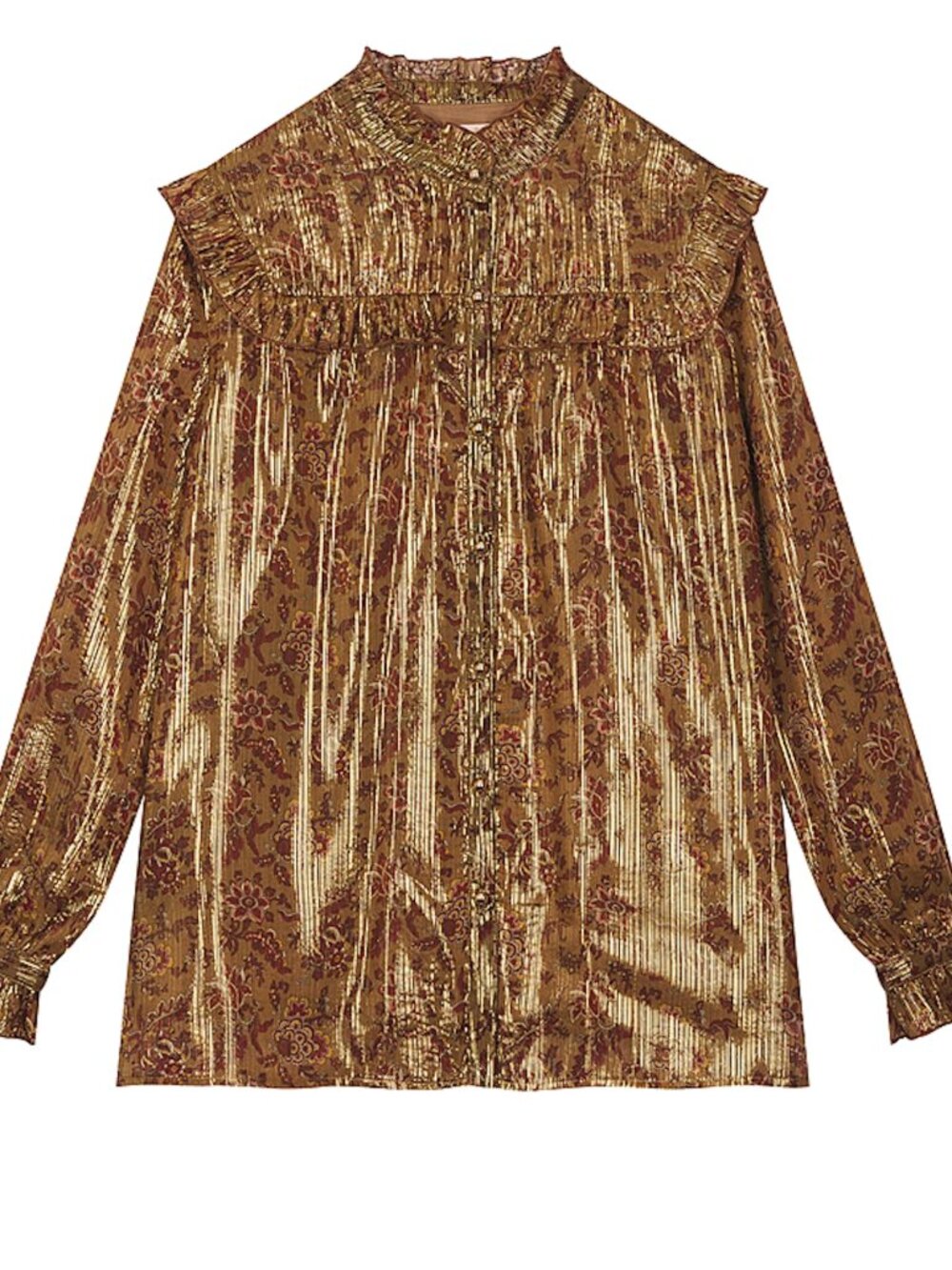 Louise Misha Metallic Olive Gold Floral Ruffle Button-Down Blouse - Picture 1 of 5